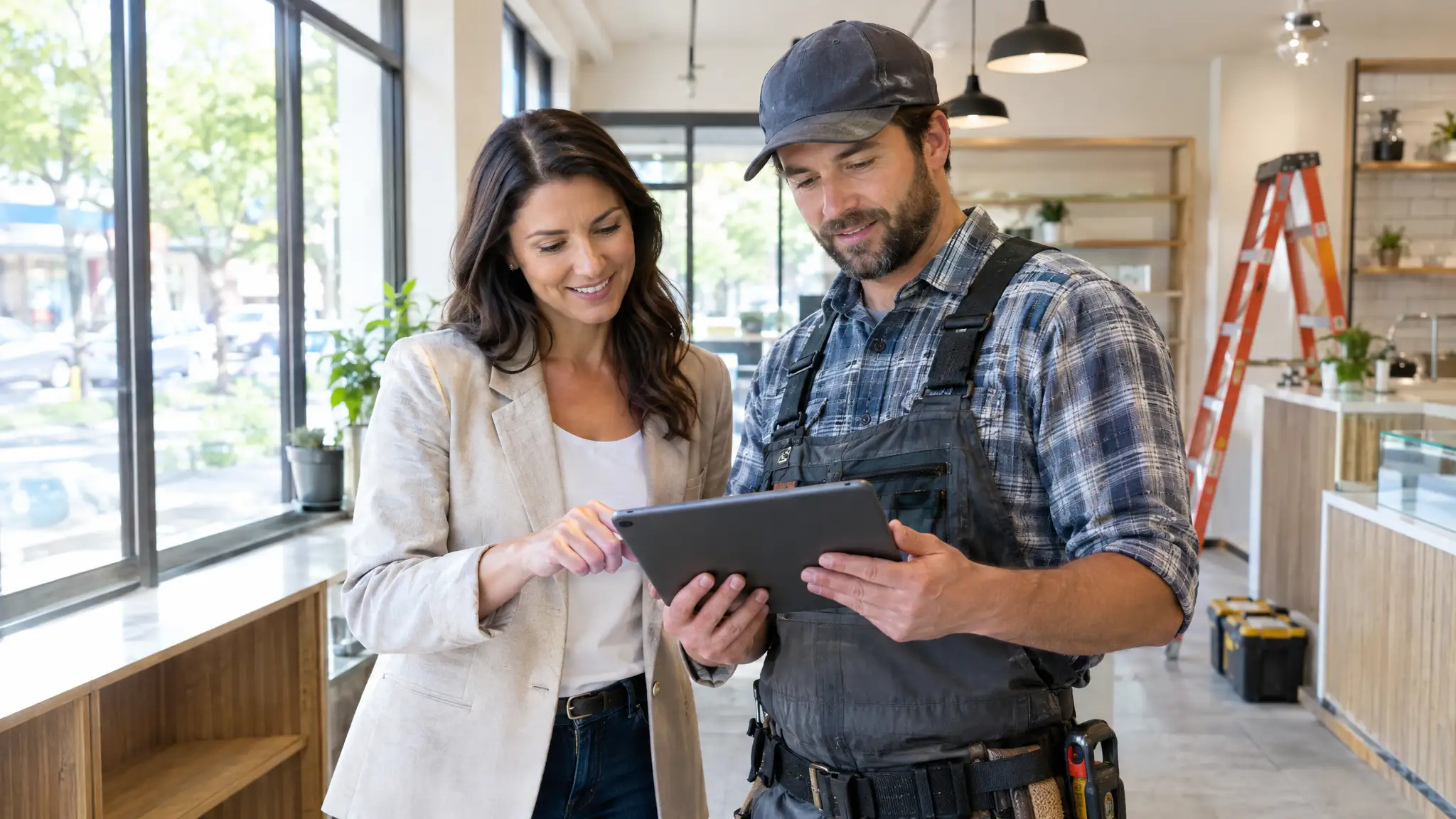 A partner contractor reviewing plans with a business owner in a commercial space