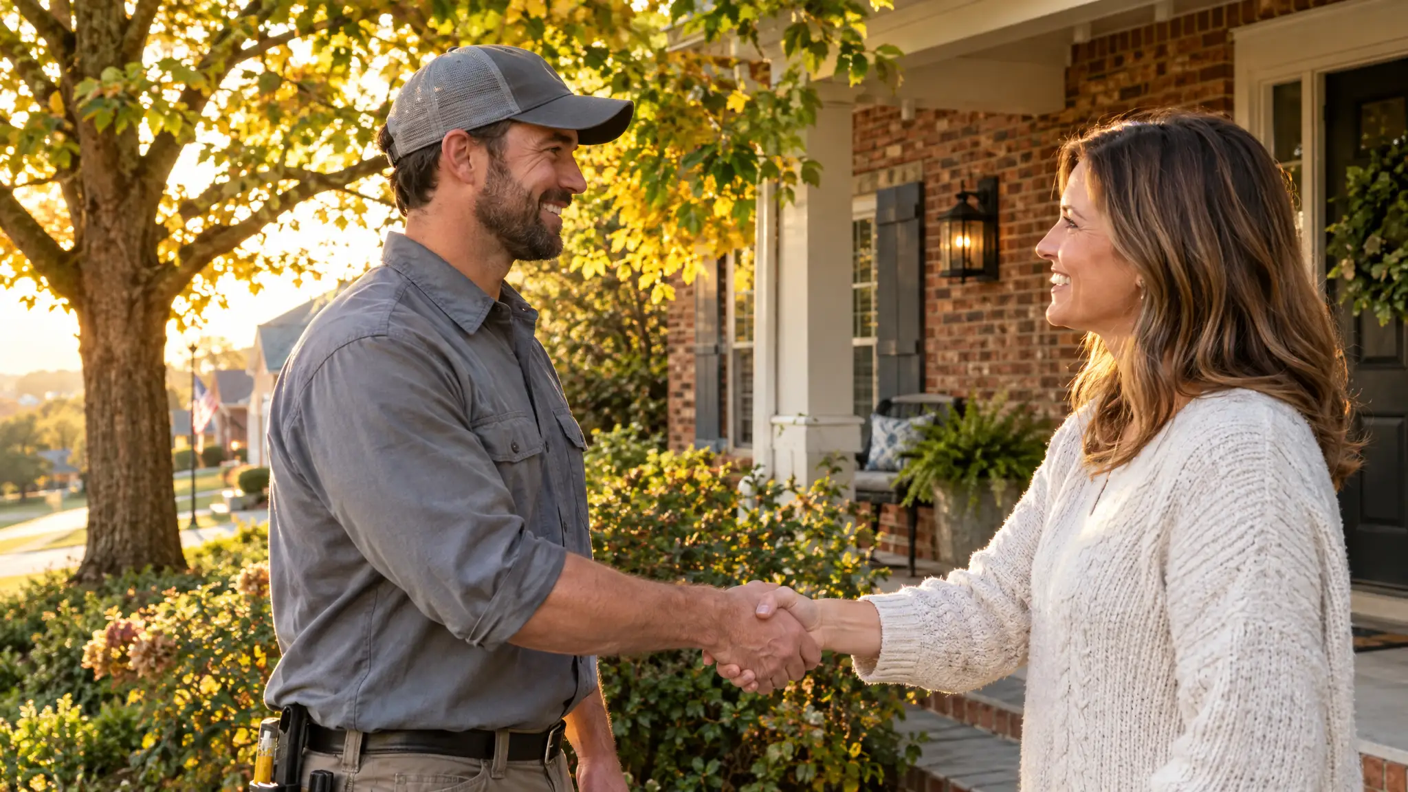 A partner contractor greeting a homeowner at the front door near Chattanooga