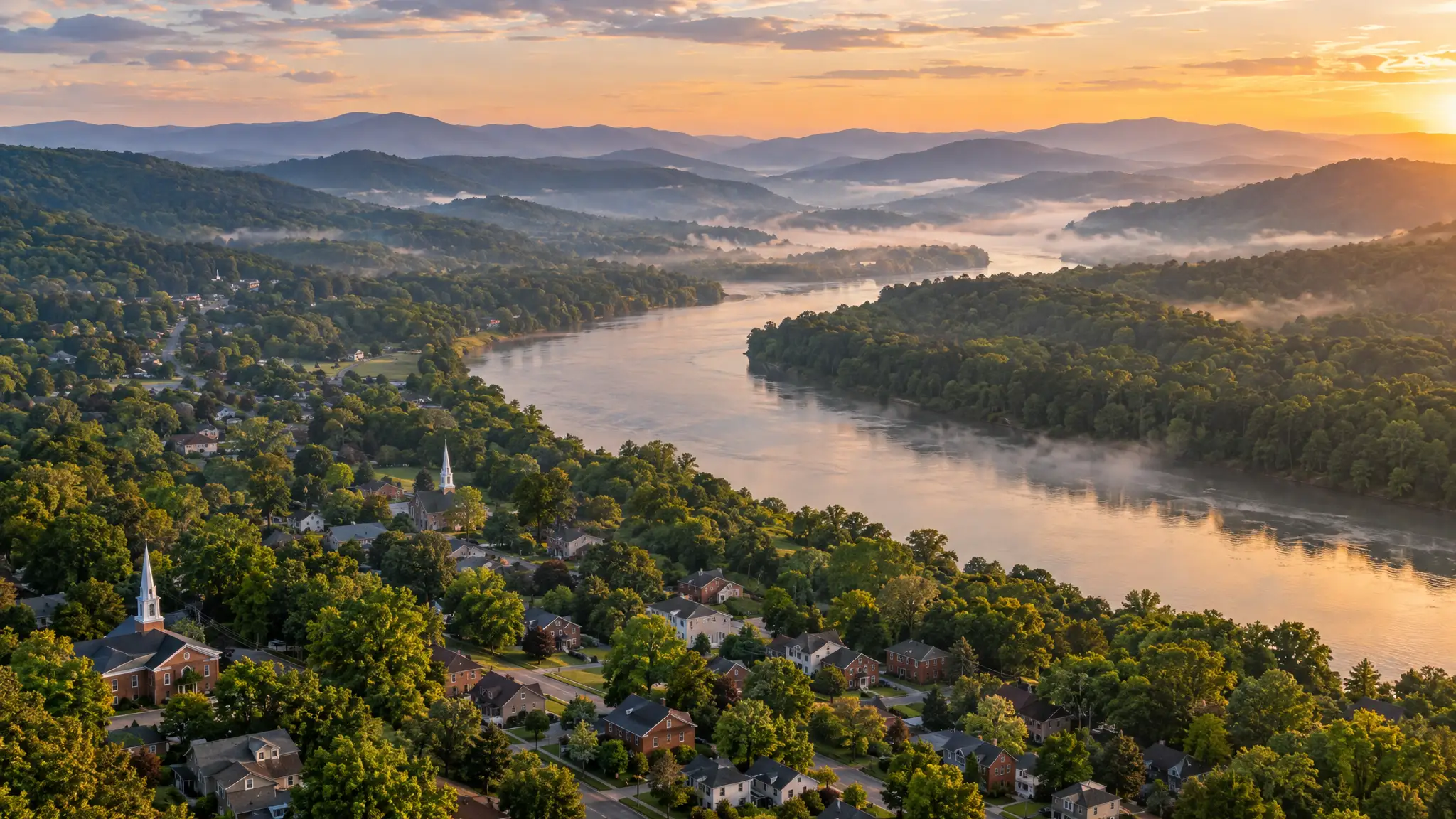 An aerial view of a river valley and neighborhoods near Chattanooga